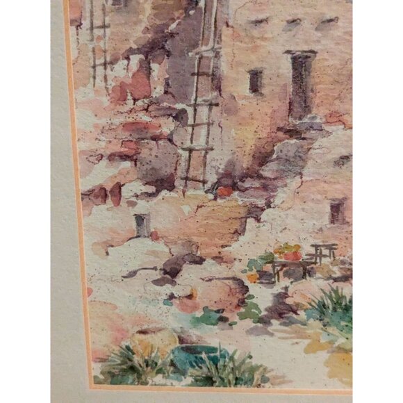 Faulkner Watercolor Painting Of Adobe Pueblo Scene In Copper Frame - Picture 5 of 16